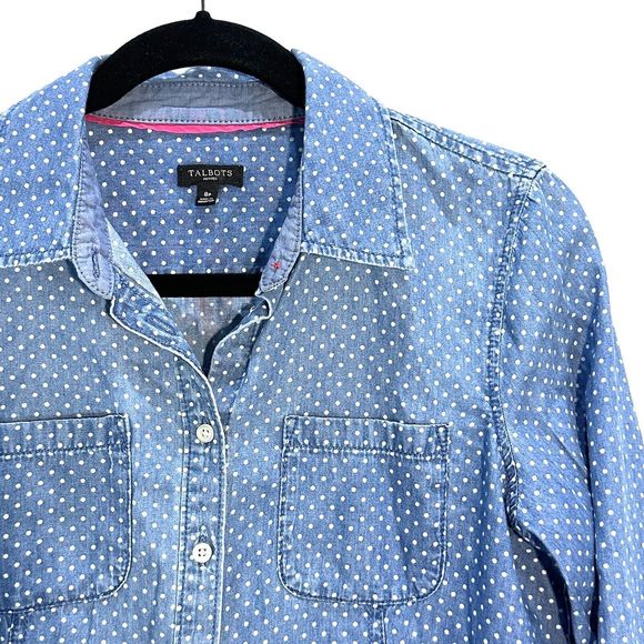 TALBOTS Women Blue Polka Dot 100% Cotton Denim Button-Up L/S Shirt Petites Sz 8P - Picture 5 of 10